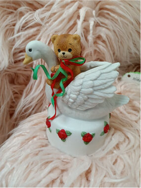 Lucy & Me Wind-up Musical Bear Riding Swan Plays We Wish You A Merry Christmas
